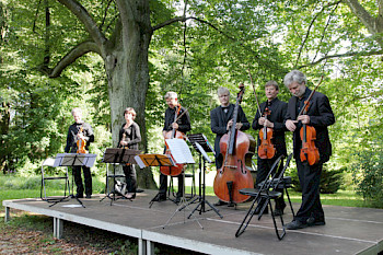 6 Musiker auf einer Bühne unter freiem Himmel  mit klassischen Instrumenten
