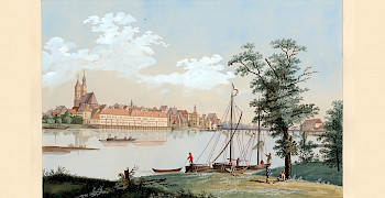 Blick auf Frankfurt vom Uferrand der Haakwiesen aus, Gouache von J. F. Nagel, um 1788 ©Stiftung Kleist-Museum