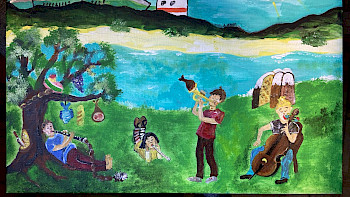 Malerei: Kinder spielen Musik in der Natur